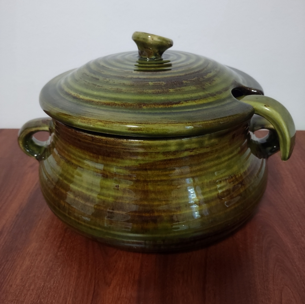 Glazed Green Canadian Laurentian Pottery Pot with Lid and Ladle